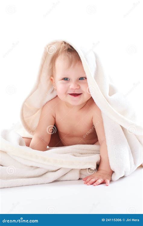 Adorable Baby Wrapped In White Blanket Stock Photo Image Of Blanket