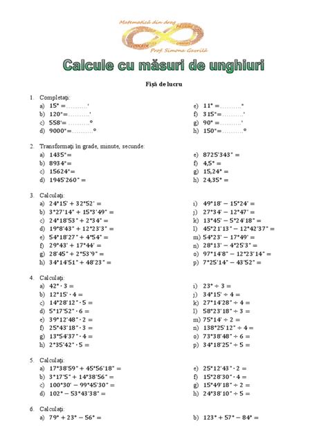 Fisa De Lucru Calcule Cu Masuri De Unghiuri Prof Simona Gavrila Pdf