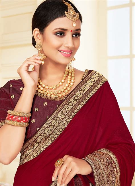 Buy Patch Border Maroon Vichitra Silk Classic Designer Saree Online