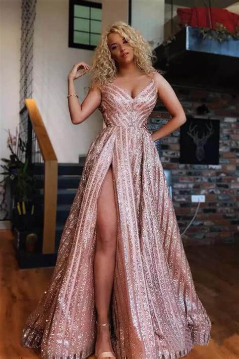 Spaghetti Strap V Neck Rose Gold Sequins Prom Dresses Sexy Side Slit Prom Dress Okn76 Okdresses