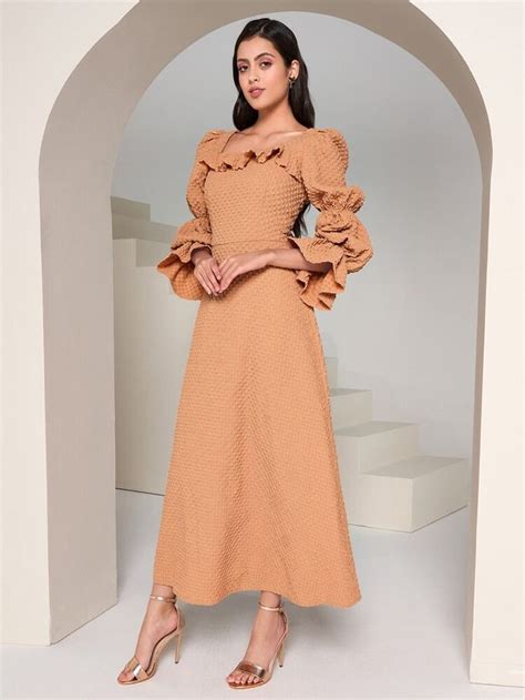 SHEIN Modely Square Neck Ruffle Flounce Sleeve Dress In 2022 Dresses