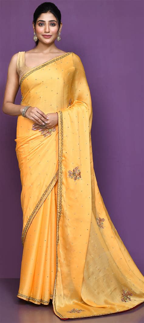 Bridal Traditional Wedding Yellow Color Satin Silk Fabric Saree 1949903