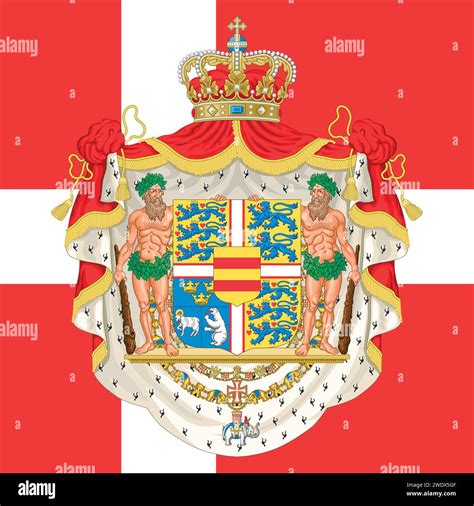 Frederik X King of Denmark 2024, coat of arms on the Danish flag ...