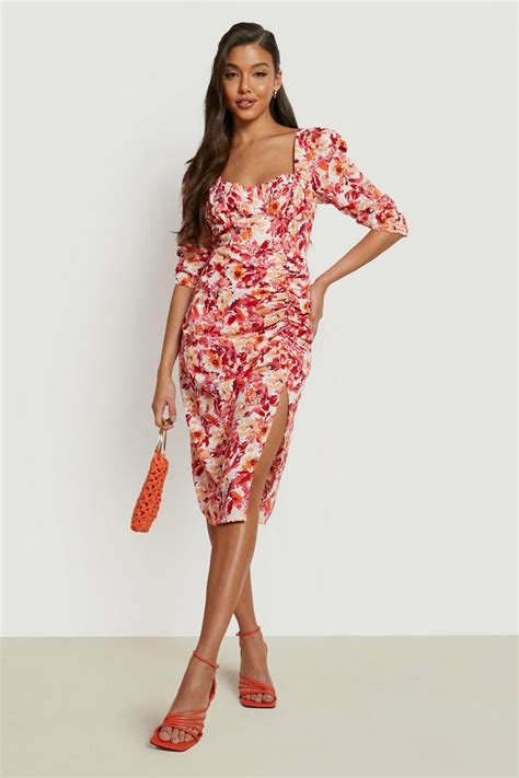 Womens Floral Puff Sleeve Ruched Midi Dress Boohoo Uk