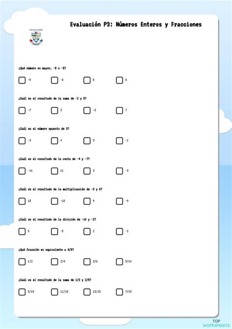 Evaluación P3 Números Enteros Y Fracciones Ficha Interactiva Topworksheets