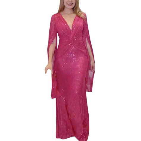 Kcodviy Women Formal Dress Wedding Bridesmaid Dress Sequin Slit Long Sleeve Long V Neck Beaded