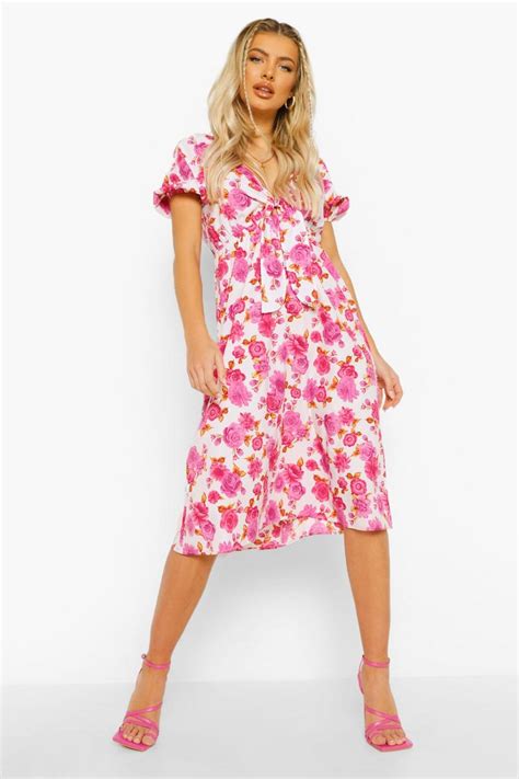 Floral Puff Sleeve Tie Front Midi Dress Boohoo Uk