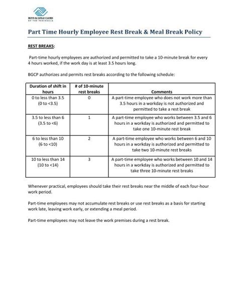 Part Time Hourly Employee Rest Break And Meal Break Policy Bgcp