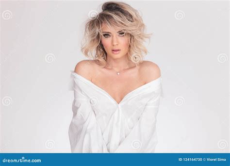 Portrait Of Sensual Blonde Woman In Bare Shoulders Stock Photo Image Of Attractive Background