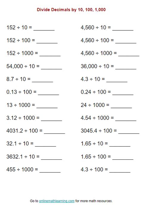 Divide By 10 And 100 Worksheet Year 4