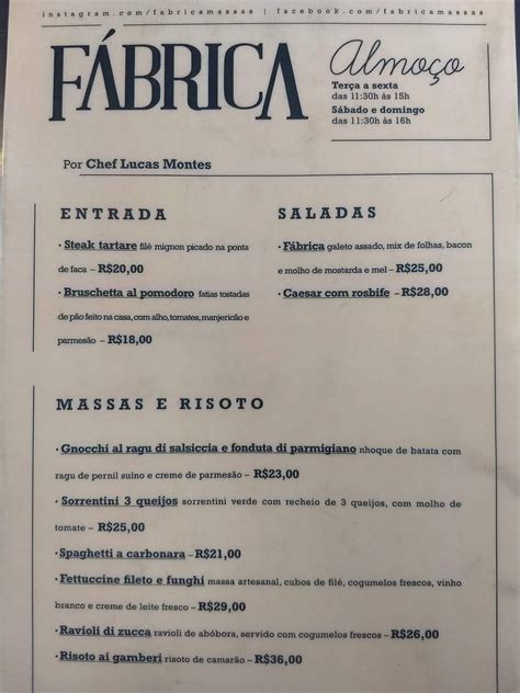 Menu em Fábrica restaurante Aracaju