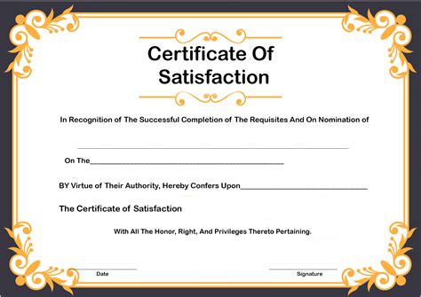 Certificate Of Satisfaction Certificate Of