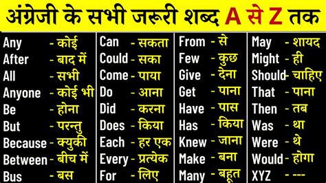 A से Z तक English Words For Daily Use In English Words Word Meaning