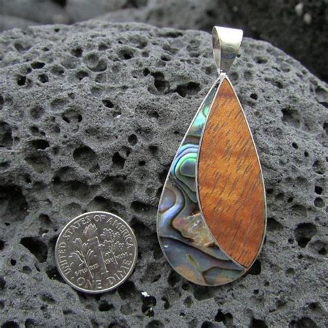 Hawaiian Koa Wood Teardrop Handmade Necklace Paua Shell Koa Wood