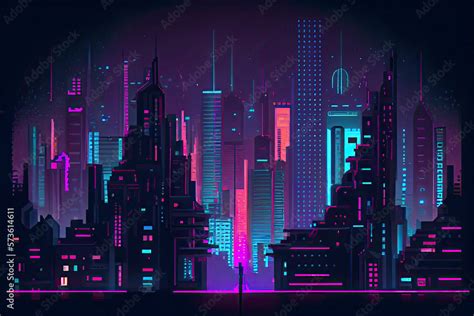 Cyberpunk neon city night. Futuristic city scene in a style of pixel ...