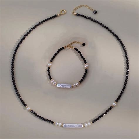 Baroque Freshwater Pearl Necklace Black Spinel Beaded Bracelet