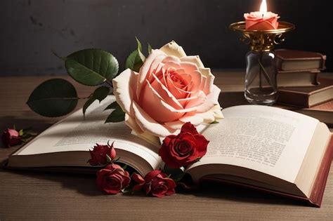 Livre Ouvert Avec La Rose Sur Une Table En Bois Photo Premium