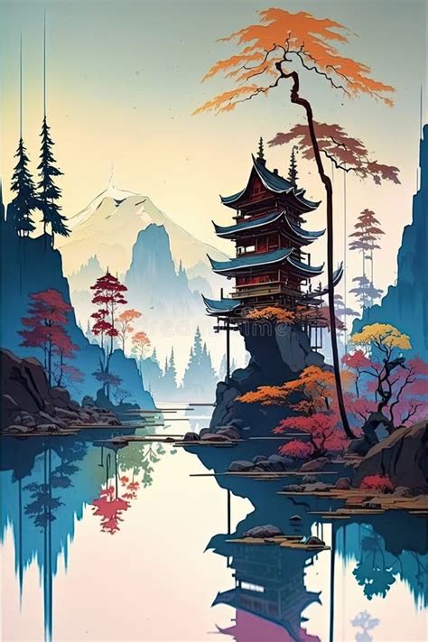 Water Color Japanese Landscapes Stock Illustrations Water Color