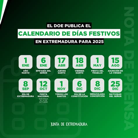 Calendario De D As Festivos En Extremadura Para El A O Excmo