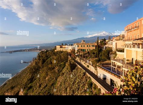 View To Mount Etna Taormina Messina Sicily Italy Stock Photo Alamy