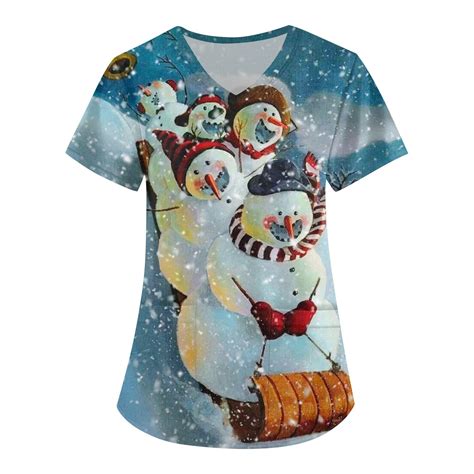 Ovticza Christmas Scrubs Tops For Women Print Snowman With Pockets V