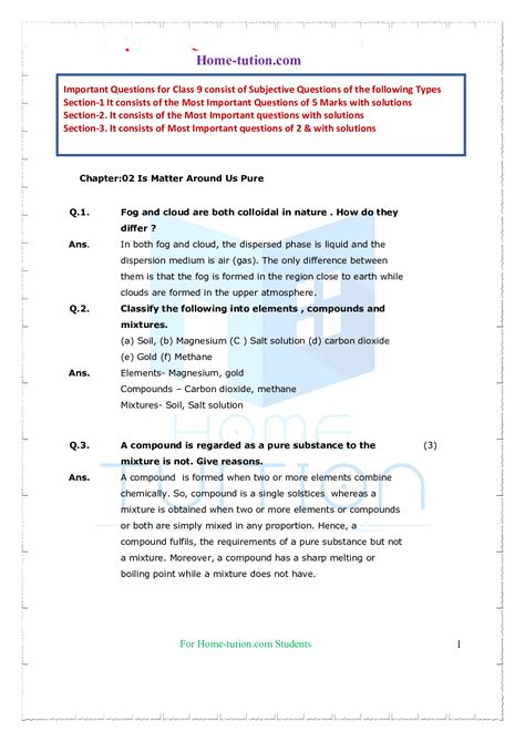 Important Questions For Class 9 Science Chapter 2 Is Matter Around Us