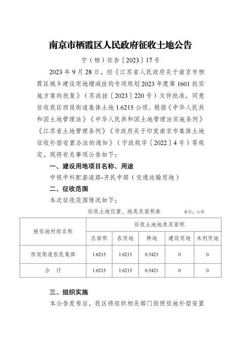 南京市栖霞区人民政府 征收土地公告 宁（栖）征告〔2023〕17号 中视中科配套道路 齐民中路