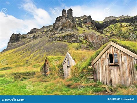 Beautiful Landscape With Traditional Turf Houses In Iceland Stock Photo