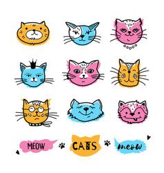 Cute Black Cat Head Set Funny Cartoon Characters Vector Image