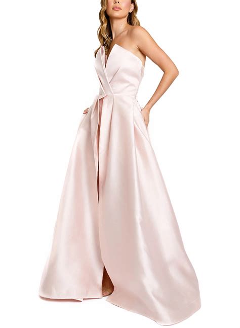 A Line Strapless Sleeveless Floor Length Satin Evening Dresses Missacc