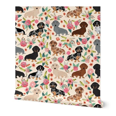 Dachshund Floral Vintage Flowers Doxie Wallpaper Spoonflower