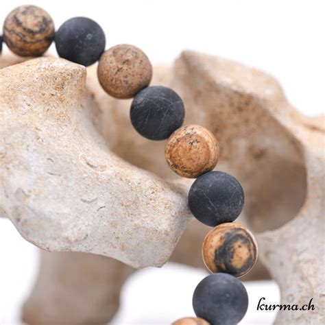 Bracelet Jaspe Paysage Et Onyx Mats 8mm N14898 Kurma Ch