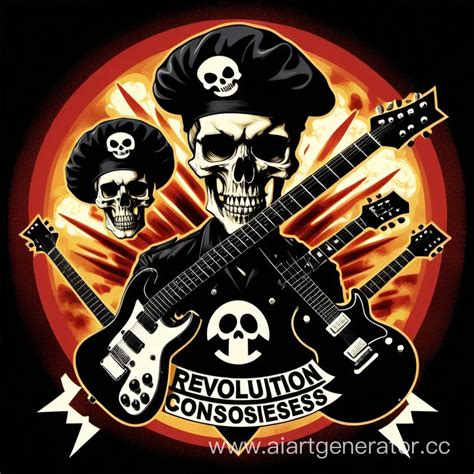 Rebel Spirit Skull in Beret Amidst Nuclear Explosion and Guitars | AI ...