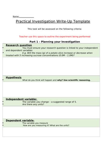 Science Practical Investigations Template Teaching Resources