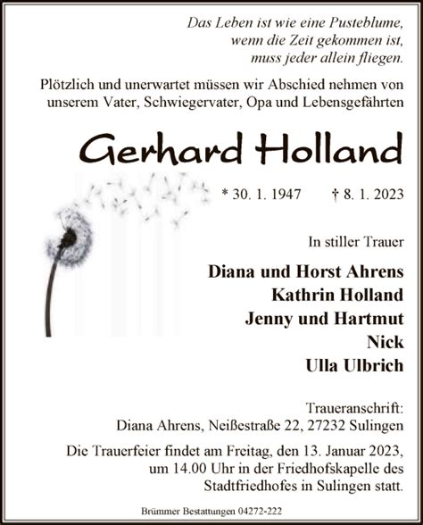 Traueranzeigen Von Gerhard Holland Trauer Kreiszeitung De