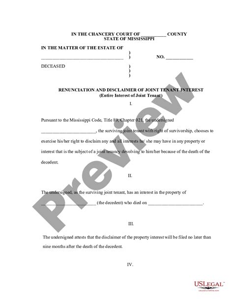 Mississippi Renunciation And Disclaimer Of Joint Tenant Or Tenancy Interest Us Legal Forms