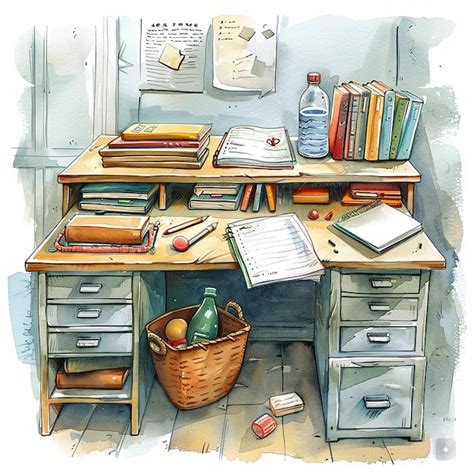 Childrens Illustration Of An Untidy Desk In A Classroom Premium Ai