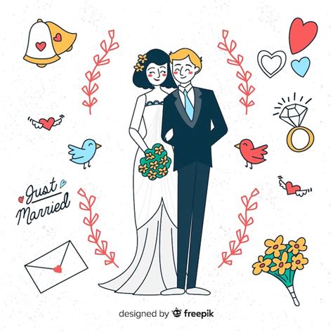 Free Vector Hand Drawn Wedding Couple With Elements