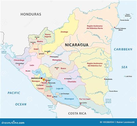 Mapa Administrativo Y Politico De Nicaragua Con La Bandera Stock De Images