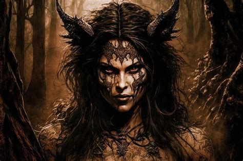 Premium Ai Image Portrait Of A Scary Woman Witch Devil With Horns In