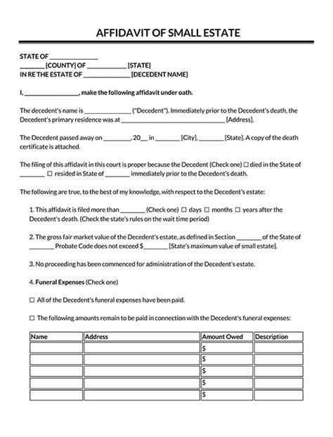 Free Small Estate Affidavit Forms Word PDF