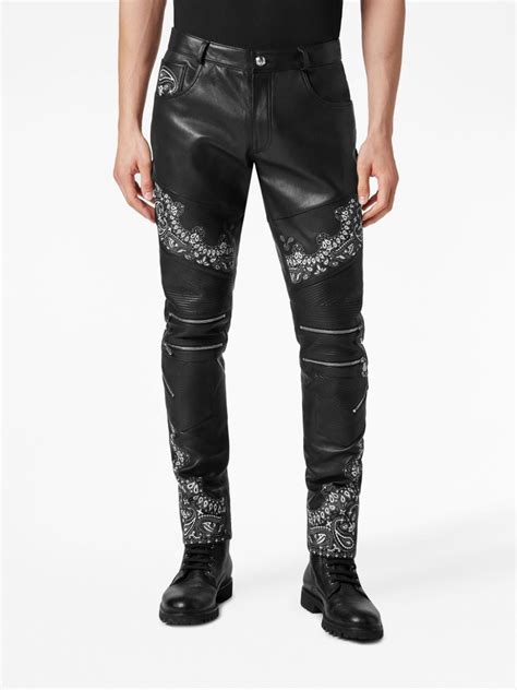 Philipp Plein Slim Cut Leather Trousers Black Farfetch