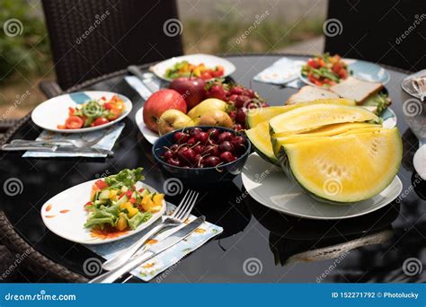 Summer Picnic Outdoorssalad Served On The Plates Stock Photo Image