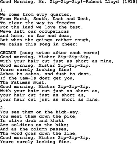 World War One Ww Era Song Lyrics For Good Morning Mr Zip Zip Zip