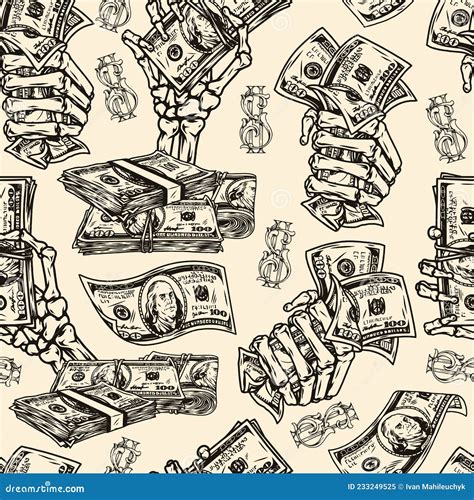 Vintage Monochrome Money Seamless Pattern Stock Vector Illustration