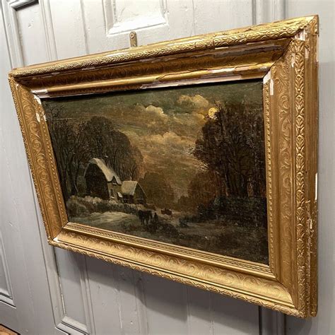 Antique Victorian Landscape Snowscene Oil Painting Study Of Farm In The