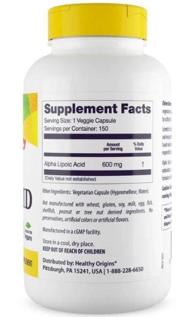 Alpha Lipoic Acid 600 Mg 150 Vcaps Healthy Origins Healthy Origins