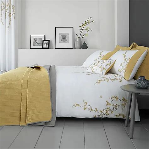 Catherine Lansfield Embroidered Blossom Ochre Bedspread Dunelm King