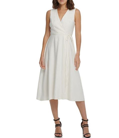 Dkny Stretch Linen Blend Faux Wrap V Neck Sleeveless Midi Dress