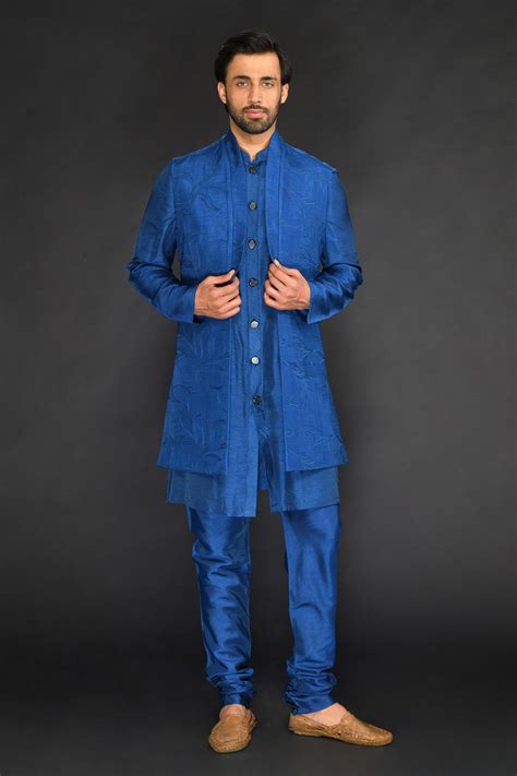 Buy SAMMOHAN CEREMONIAL Blue Vis Silk Embroidered Long Bundi And Kurta